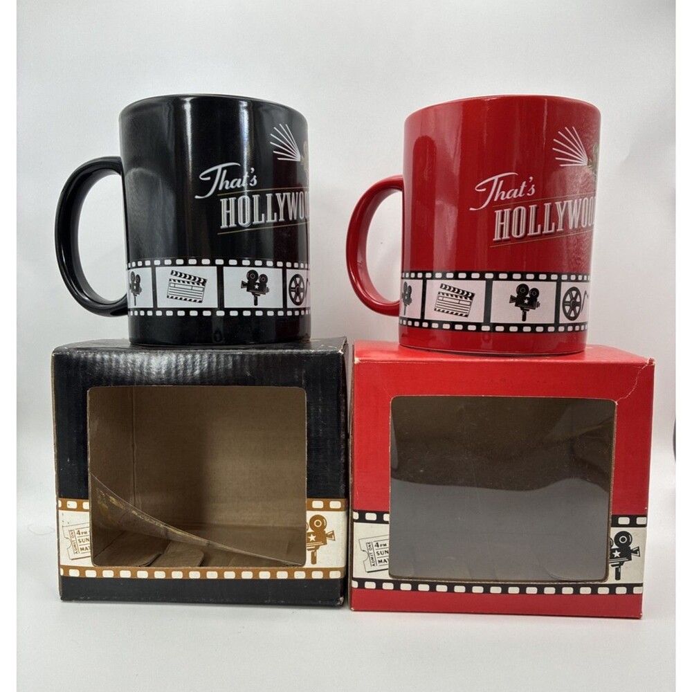 Vtg 2004 Retro Movie Set Coffee Mugs That's HOLLYWOOD Black & Red Cups (2) Boxed